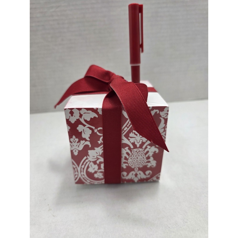 Memo Cube Note Paper Two's Company Red White Damask Holder w Pen